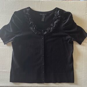INC INTERNATIONAL CONCEPTS Black Cardigan Sweater Sz (0X/L) Petal Trim CrewNeck